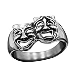 Personalized Tragedy Comedy Theater Mask Happy Sad Wide Statement Ring for Women Men Dainty Adjustable Finger Ring Band Fashion Vintage Expandable Open Size Birthday Anniversary BFF Gifts (8)