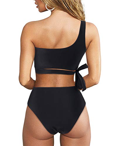 MOOSLOVER Women One Shoulder High Waisted Bikini Tie High Cut Two Piece Swimsuits2