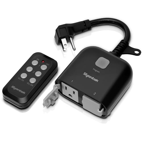 Syantek Outdoor Wireless Remote Control Outlet Indoor 2-in-1 Outlet Switch Weatherproof Power Strip Heavy Duty Energy Plug 15A Dual 3-Prong 100FT Multi-Device FCC Listed