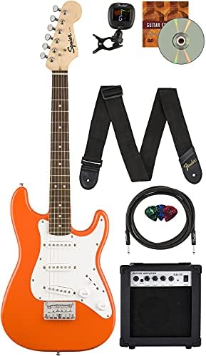 Fender Squier 3/4 Size Kids Mini Strat Electric Guitar Learn-to-Play Bundle w/ Amp, Cable, Tuner, Strap, Picks, Fender Play Online Lessons, and Austin Bazaar Instructional DVD - Competition Orange