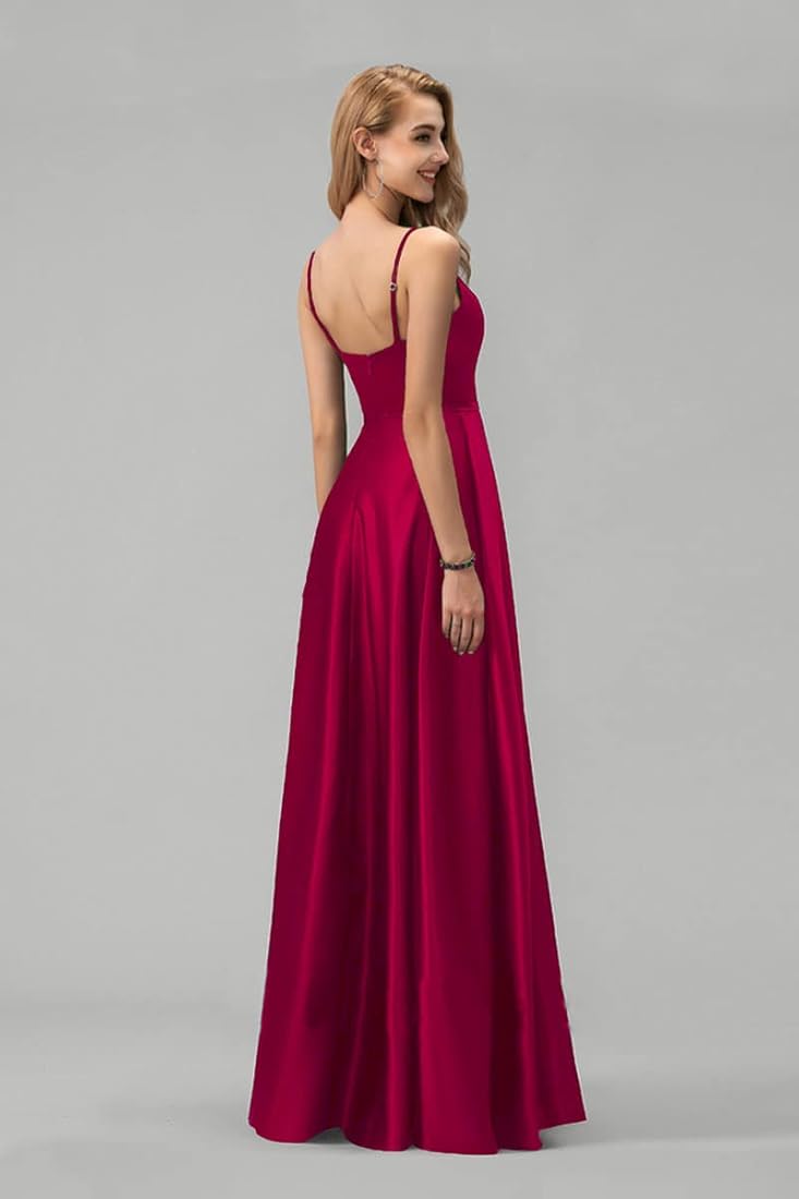 Buy A-Line V-Neck Floor-Length Satin Prom Dresses with Split Front  Cascading Ruffles (Medium, Red) at Amazon.in
