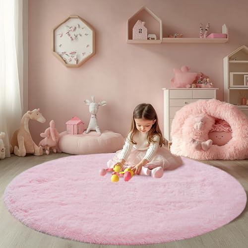 Round Fluffy Pink Rug 4x4ft: Ultra Soft Furry Girls Bedroom Carpe...