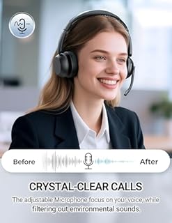 COSMUSIS Wireless Headset with Mic for Work, Bluetooth 5.3 Headsets with Microphone and Detachable Earpads, 50H Playtime with Charging Base, Noise Cancelling Headphones for Work with Mic Mute