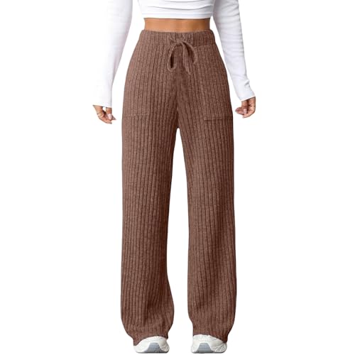 Generisch Pantalones de punto para mujer, pantalones térmicos de cintura alta, monocolor, elegantes, pantalones palazzo, elásticos, sueltos, anchos, pantalones de invierno, pierna ancha, cintura alta