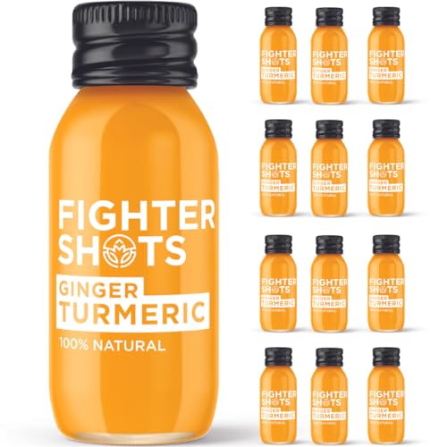 Fighter Shots Ingwer Shot Kurkuma (12 x 60ml) | Reduziert Blähungen | Boosted Abwehrkräfte | 100% Natürlich | Frische & Feurige Kurkuma Shots