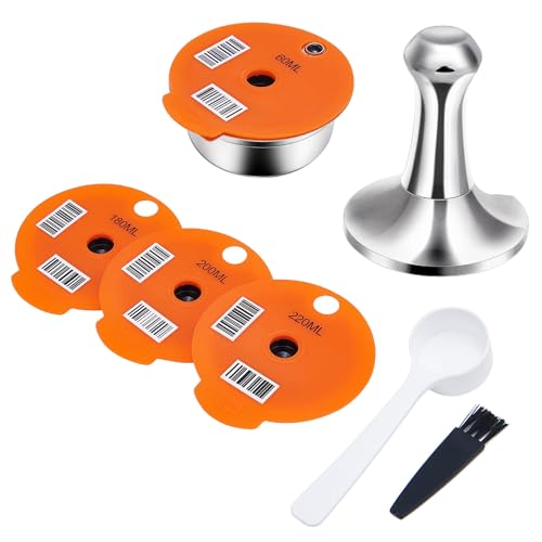 ANTREATU Reusable Coffee Pods with Coffee Tamper & 4 Silicone Lids (220mL/200mL/180mL/60mL) - Stainless Steel Coffee Pods Refillable Coffee Capsules Compatible with Tassimo Machines