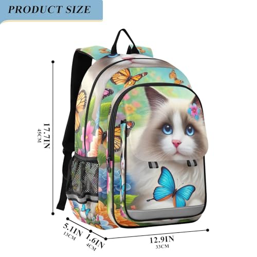 Backpack for School Boys Girls, Cute Ragdoll Cat Floral Large Girls Backpack with Chest Strap, 6-12 Y School Bag with Front Flap, 17 Inch2
