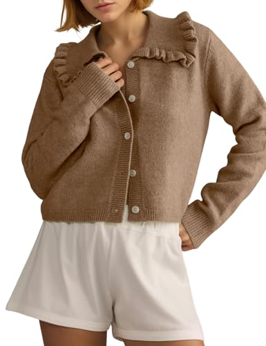 Arssm Womens Ruffle Collar Cardigan Cropped Button Down Open Front Sweaters Knitted Long Sleeve Fall 2025 Elegant Outwear
