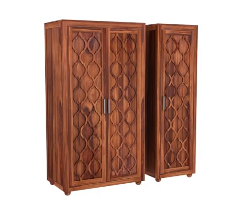 Image of Sheesham Wood Wooden 3 Door Wardrobe Organizer for Clothes | - Solid Wood Almirah with 2 Drawers, 6 Shelves - with Hanging Space Cupboard for Large Bedroom (Design 17)