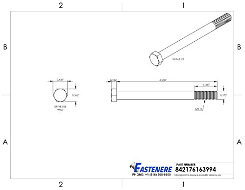 Image of 3 /8-16 x 4-1 /2 inch Hex Head Cap Screw Bolts, External Hex Drive, Stainless Steel 304, Partially Threaded, Stainless Steel, Quantity 5 By Fastenere