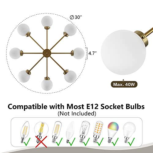 Wingbo 8-Light Modern Chandelier, Sputnik Pedant Light Fixture With Large Opal White Glass Globe Shade For Flat And Slop Ceiling, Height Adjustable For Kitchen Living Room Dining Room Bedroom, Gold #TOP3