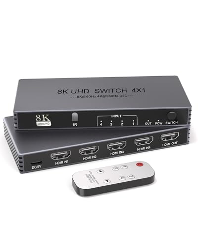 HDMI Switcher 4 in 1 Out - New Upgrade 8K@60Hz 4K@240Hz/144Hz/120Hz HDMI Switch with Remote Support HDCP2.3/HDR10, for PS5/PS4 Xbox Nintendo Roku Apple TV Fire Stick 8K HDMI2.1 Splitter