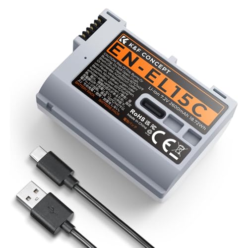 K&F CONCEPT EN-EL15C Batterie 2600mAh USB C 2.5H Chrage Rapide Batterie EN-EL15 Compatible avec Nikon Z8, Z7, Z6, Z7ii, Z6ii, Z6iii, Zf, Z5, D850, D810, D810A,...