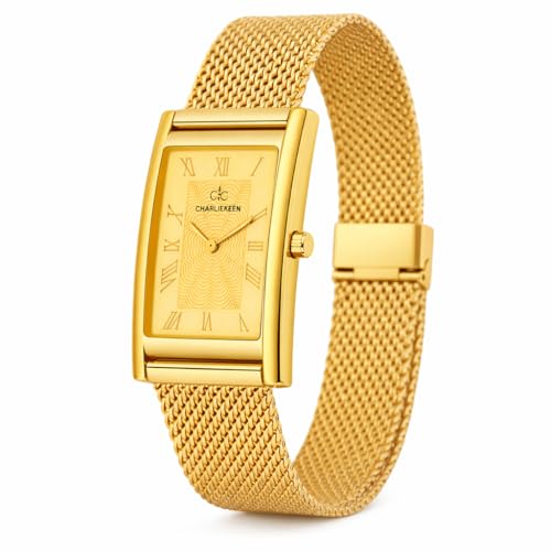 Image of CHARLIEKEEN Rectangular Watch, Gold, Mesh Strap, Roman Numerals, Textured Dial for Men