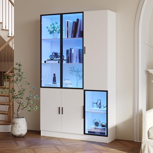 Merax Vitrinenschrank Glasvitrine mit LED-Lichtern, Modern Bücherschrank Standvitrine mit 6 Türen 10 Fächern, Glastür mit Aluminiumrahmen, Highboard Sammlervitrine für Wohnzimmer Büro Esszimmer, Weiß