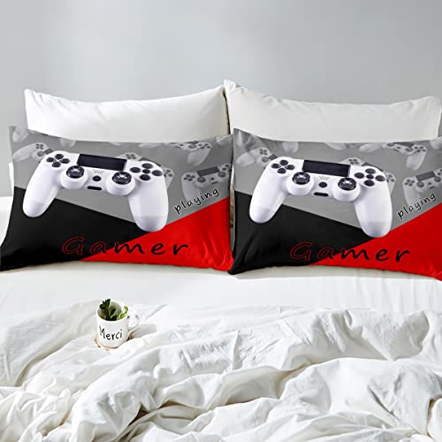 Loussiesd Gamer Duvet Cover White Video Game Gamepad Bedding Set for Boys Girls 3D Gaming Comforter Cover Modern Game Controller Bedspread Cover Red Black Grey Single Size Quilt Cover 2Pcs - Image 4