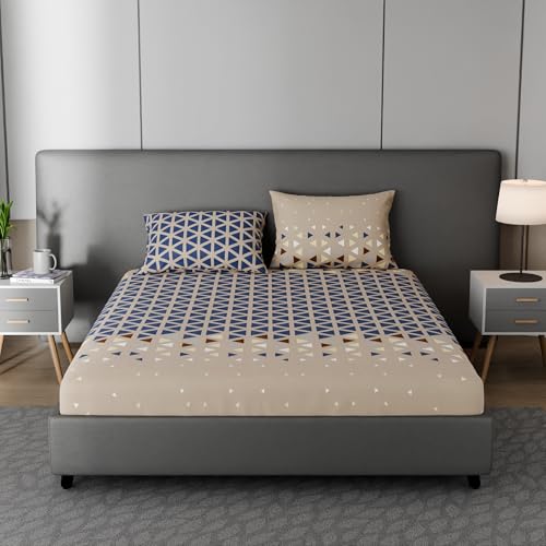 Image of BLISSHOME SoftTouch 150TC Cotton King Size Fitted Bedsheet with 2 Pillow Covers, Silky Smooth Bedding Set, Breathable, Easy Maintain, Geometric Pattern - Sand Beige (183cm x 198cm + 25cm Drop)