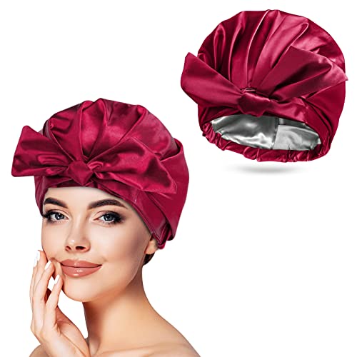 Arqumi Shower Cap for Women, Polyester Satin Shower Cap, Waterproof Pattern Shower Cap Bath Cap with Elastic Band, Wine Red