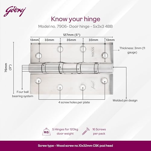 Image of Godrej Door Fittings I Door Butt Hinge 5X3X3 Inch - 4 Ball Bearing | Matte Satin Finish I Pack of 5 I Heavy Duty SS Kabza-8 Gauge Door Hardware| Premium Door Hinges for Wooden Doors | 1 Yr Warranty
