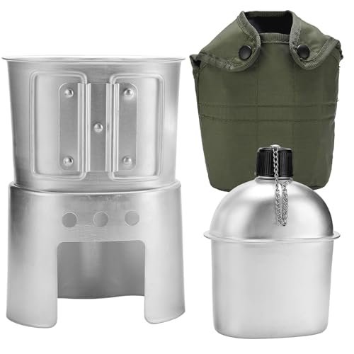 Cantimplora de Aluminio, Kit Completo de Cantimplora Militar 850ml con Vaso y Estufa para Camping, Senderismo y Aventuras al Aire Libre