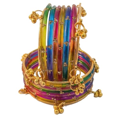 Image of NMII Viral Multi Colour Glass Bangles with Golden Ghungroo Charms & Stone Work For Women & Girls | Fancy Designer Glass Bangle | Traditional Chudi | Kanch Ki Churi | Stylish Ghungroo Bangle For Women