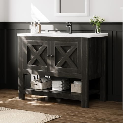 4ever2buy 36 Farmhouse Bathroom Vanity with Sink & 2 Doors Cabinet, Brown