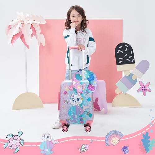 Image of Cute Cat Kid's Luggage Set 2 Piece Suitcase Set 16 inch Hardside Luggage with Spinner Wheels Girls Carry on Toddler Travel Rolling Luggage Airline Approved