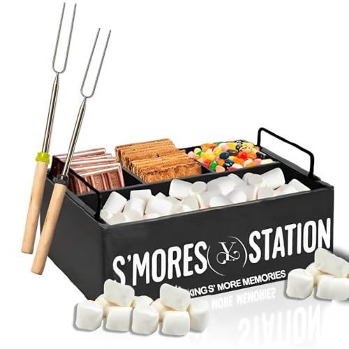 Y. S'mores Station with 2 Adjustable Forks, Farmhouse Smores Bar Holder with Handles, Smores Caddy Organizer, Smores Tray, Smores Maker Box for Kitchen, Counter and Camping, Black