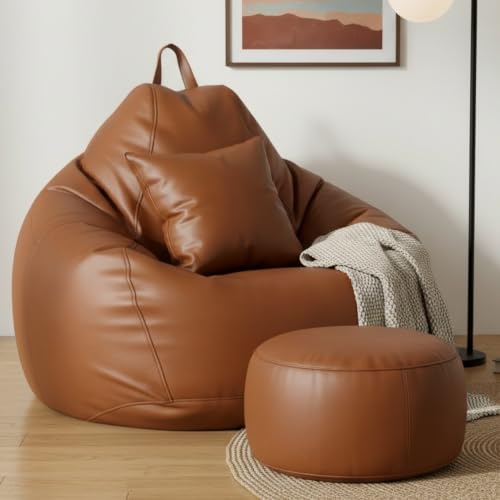 Image of KAM'S LIEU 6XL Bean Bag Chair with Relaxing Footrest & Comfy Cushion | Filled with High Density Thermocol Beans | Premium Leatherette | Side Pocket | Ready to Use | Made in India | Tan