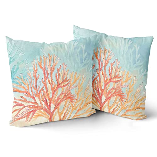 Giwawa Coastal Coral Throw Pillow Covers 18X18 Inches Set Of 2, Beach Ocean Seashell Themed Pillow Cushion Cases, Farmhouse Decoration Square Pillowcases For Sofa Couch Bedroom Living Room Car #TOP6