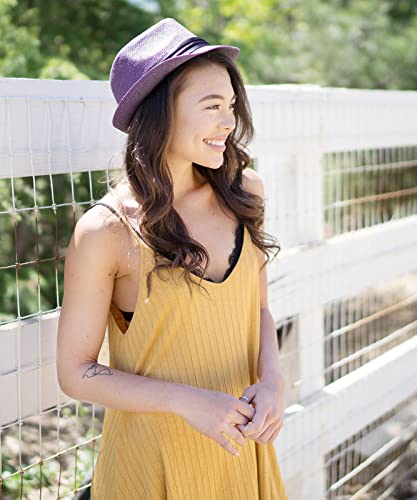Simplicity Summer Sun Short Brim Straw Fedora Hat, 756_Purple,Small/Medium #TOP5