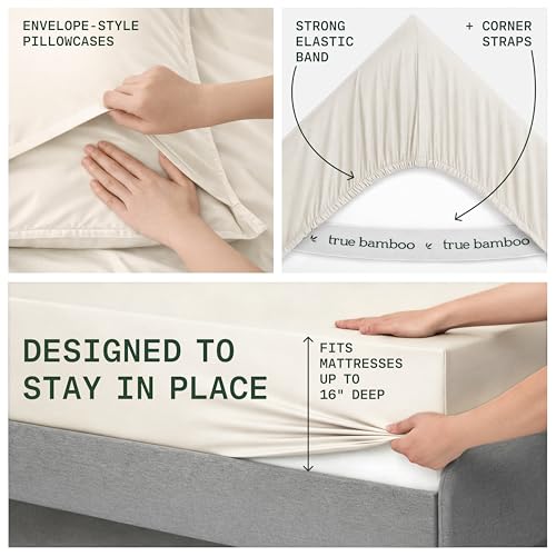 Image of TRUE BAMBOO Sheets Set Queen Size - Silky Soft & Cooling - Light Beige