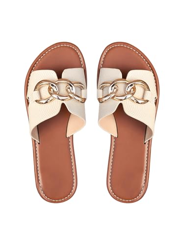 GORGLITTER Damen Flache Sandalen Sommer offene Zehen Sandalette PU Leder Freizeitsandale Urlaubssandalen Outdoor Hausschuhe Beige EUR41