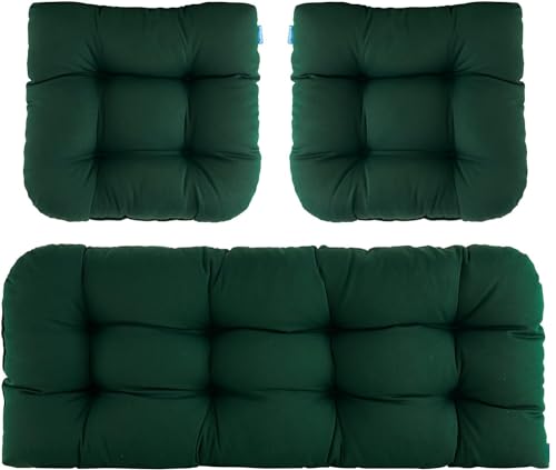 H B MSALA (DEVICE) Outdoor/Indoor All Weather Tufted Wicker Chair Cushions Of 3 Pieces, 1 Loveseat And 2 U-Shape Waterproof Cushions For Patio Furniture,Wicker Loveseat,Bench (Bottle Green)