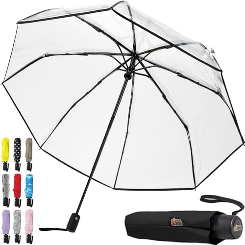 Image of GORILLA GRIP Compact Travel Size Umbrella for Rain, Sleek Design Fits Backpack, Purse and Carry On, Lightweight Under 1lb, One Click Open and Close, Wind Resistant, Durable Waterproof Quick Dry, Clear