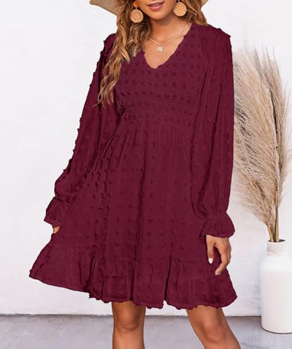 BTFBM Long Sleeve Fall Dresses for Women 2025 Casual V Neck Swiss Dot Smocked Ruffle Chiffon Summer Flowy Mini Dress3