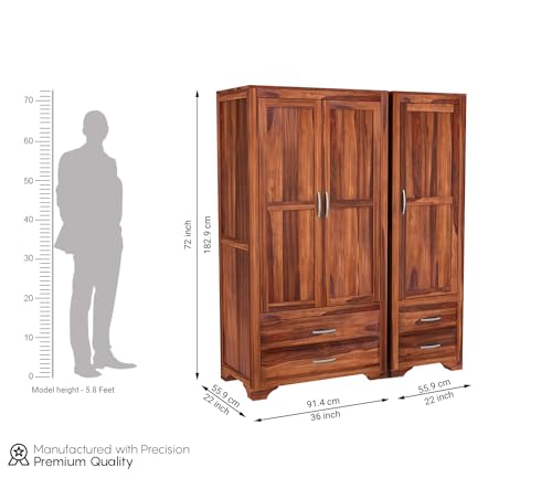 Image of Sheesham Wood Wooden 3 Door Wardrobe Organizer for Clothes | - Solid Wood Almirah with 4 Drawers, 4 Shelves - with Hanging Space Cupboard for Large Bedroom (Design 6)