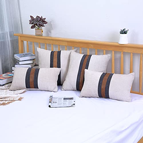 Boysum Set Of 2 Leather Throw Pillow Covers Outdoor Decor Beige Patchwork Linen Brown Faux Leather Pillows Cover For Couch Sofa, Beige 20X20 Inch #TOP4