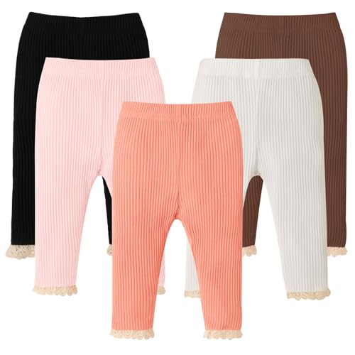 Image of DREAM BUS 5 Pack Baby Girl Pants Toddler Girl Solid Ribbed Pants with Lace Trim Newborn Cotton Leggings Infant Jogger Pants