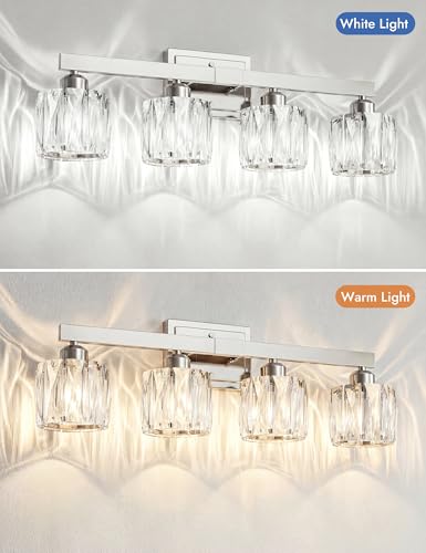 Image of VOLISUN Crystal Vanity Lights for Bathroom, 4 Light Bathroom Vanity Light, Modern Stainless Steel Bathrooms Lights Over Mirror, Chrome Bathrooms Lights Fixtures-UL Certificated(Exclude Bulb)