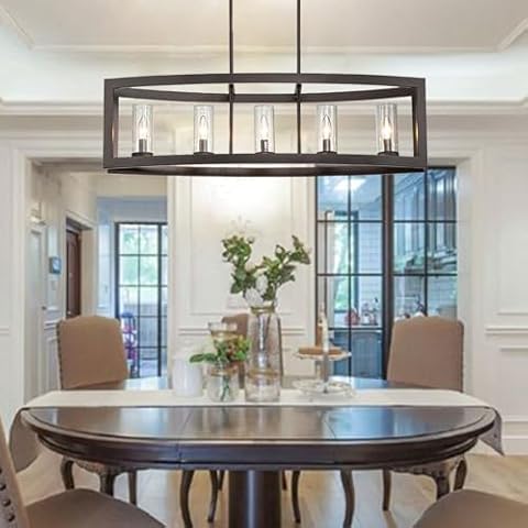 SEFINN FOUR French Country Farmhouse Chandelier, Oil Rubbed Bronze Unique Pendant Light Fixture with Glass Shade for Dining Room Kitchen Island Living Room, 5-Light, Height Adjustable, 37-in Wide Cover