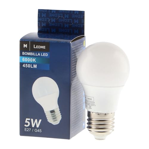 M Ledme - Bombilla Led E27 G45 5W, (Eq. 40W), Luz blanca Fría (6000k), casquillo E27, 450 Lumen, IP20, Apertura del Haz de Luz 270°, Eficiencia energética y Bajo Consumo. LM7003