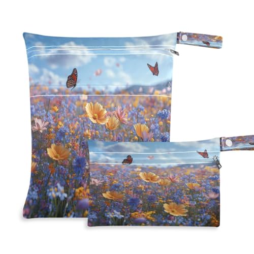 ATTX Colorful Wildflowers Meadow Wet Dry Bags 2-Pack - Reusable Cloth Diaper Storage for Travel, Beach & Gym | Multi-Use Waterproof Bags for Swimsuits, Baby Clothes, Sports Gear#362