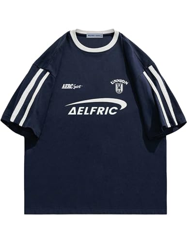 Aelfric Eden Graphic Tees Y2k Women Oversized T Shirts Striped Patchwork Crewneck Unisex Streetwear Tops