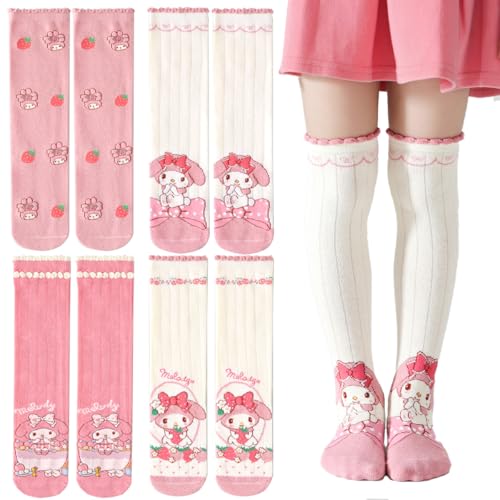 4 Pairs Knee High Socks for Girls & Women, Cute Cartoon Thicken Over Knee Stockings Cotton Long Socks Compression Stocks 15