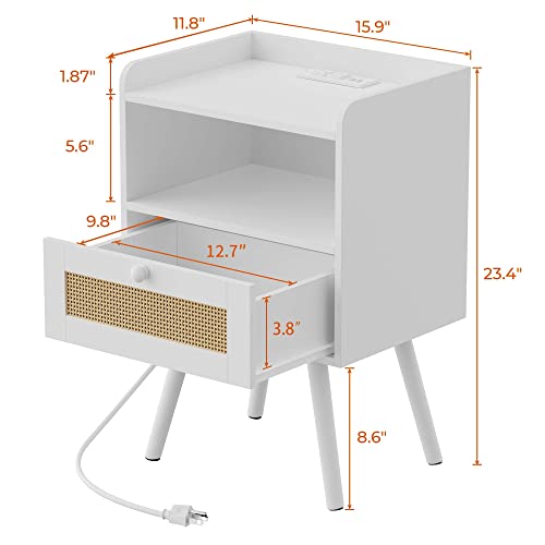 SUPERJARE Nightstands with Charging Station, Bedside Table Set of 2 with PE Rattan Drawers, Rattan Side Table with Storage & Solid Wood Feet, End Table for Bedroom, White