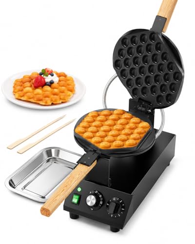 Image of PYY Bubble Waffle Maker - 1500W Commercial Waffle Iron, 122-482℉ Electric Stainless Steel Egg Puff, Non-Stick Coating, 180 Rotating, Hong Kong Round Cones, Black