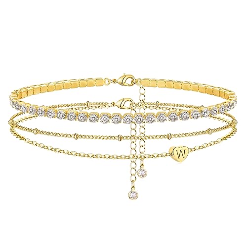 Image of Yanoda Initial Ankle Bracelets for Women, 14K Gold Plated Waterproof Dainty Layered Heart Letter Initial Anklets Personalized Gifts
