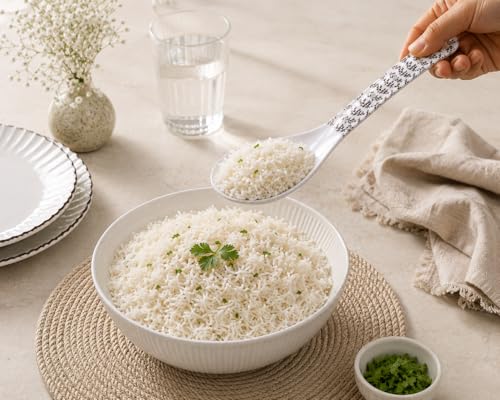 Image of Melvio By Malti 2 Pcs Serving Spoon Set for Dining & Serving | Premium Melamine Soup & Curry Spoons with Elegant Floral Design | Dishwasher Safe Serving Spoons for Rice, Dal | White, 9 Inch