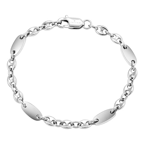TAIPAN Plattenkette Bohnenkette Kombination Armband 6mm breit Edelstahl Länge 19cm / 21cm wählbar - Steigbügelkette - Plättchenkette